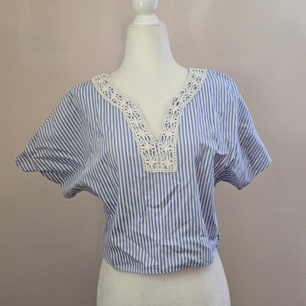 Zara Basics Women's XS Light Blue and Whitw Stripe Boxy Crop Top